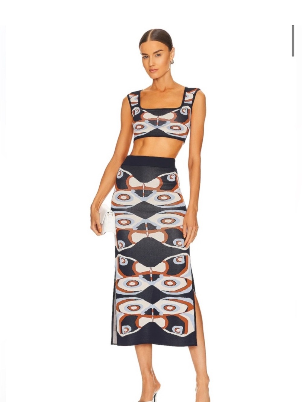 ALEXIS NWOT Patterned BUTTERFLY Navy & Rust Midi Knit Skirt and top set xs s
